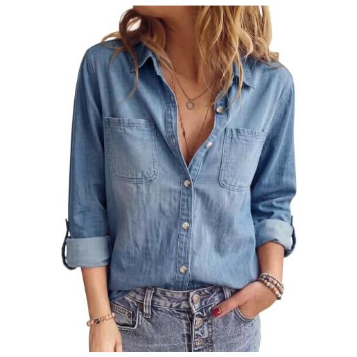 PASUDA camicia donna jeans a manica lunga casual | scollo a v camicia jeans con bottoni, basic jacket, elegante denim shirt, con tasche sul petto, primavera autunno tunica blusa