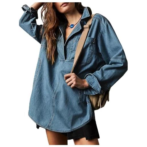 loveimgs pullover da donna casual a maniche lunghe in denim top camicia jeans rovesciata scollo a v oversize camicia di jeans felpa con cappuccio