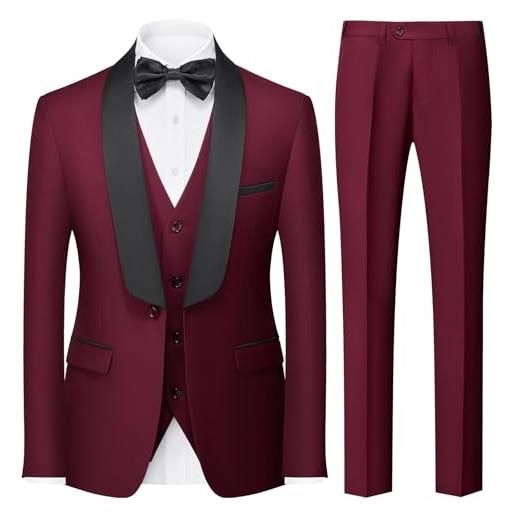 KUDORO abito da uomo 3 pezzi slim fit abiti da sposa abito elegante cerimonia abito da smoking blazer gilet pantaloni(bordeaux, s)