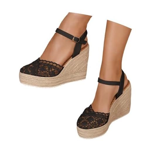 Lggwunsi zeppe, sandali da donna estivi, espadrillas con zeppe, piattaforma scarpe a punta chiusa, in pizzo, comodità, cinturino alla caviglia, vintage per vacanze, tacco chiuso, nero, 41