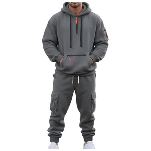 RIZUNTO uomo completo sportivo: giacca con felpa cappuccio cerniera e pantaloni della tuta con tasche, tuta da jogging, grigio scuro, xl