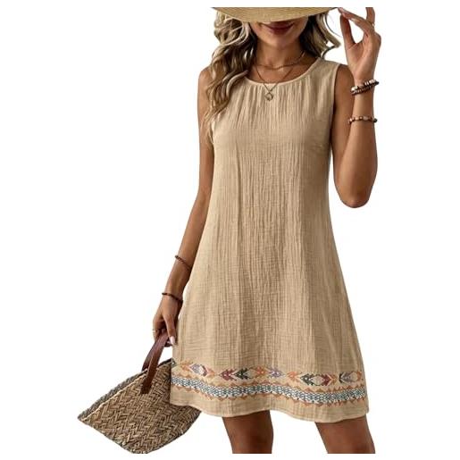 Generico vestito donna estivo lino tinte unite scollo rotondo senza maniche abbigliamento donna vestiti larghi caratteristico traspirante dress vacanze mare