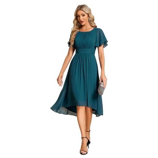 Ever-Pretty abito da cerimonia donna maniche a volant chiffon pieghe al ginocchio abito da sera elegante teal 50
