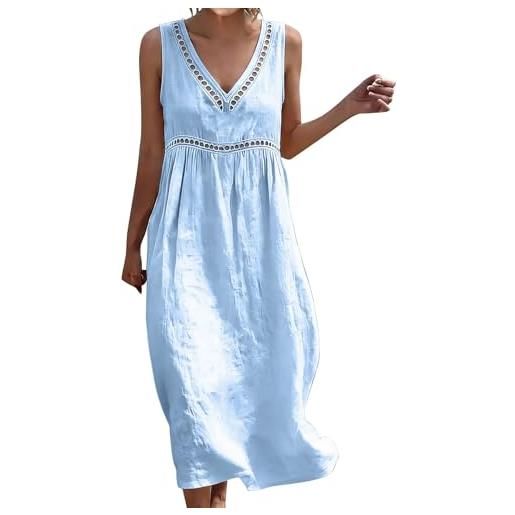 Generico vestiti in lino donna abiti taglie forti estivi donna scollo a v senza maniche lungo abito comodo casual vestiti lunghi donne mare vestito cotone leggero elegante curvy prendisole da spiaggia dress