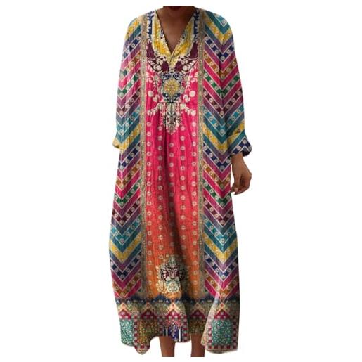 Generico vestito donna elegante estivo boho chic floreale vintage, scollo a v maniche lunghe in lino leggero con tasche, vestito elegante casual per vacanze primavera estate taglie forti curvy 2026 moda
