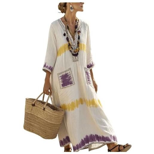 Generico abito lungo estivo donna lino elegante vestito boho chic vintage cerimonia maxi vestiti cotone e lino comoda scollo a v prendisole mare spiaggia vacanza traspirante abbigliamento con taschen (a05,3xl)