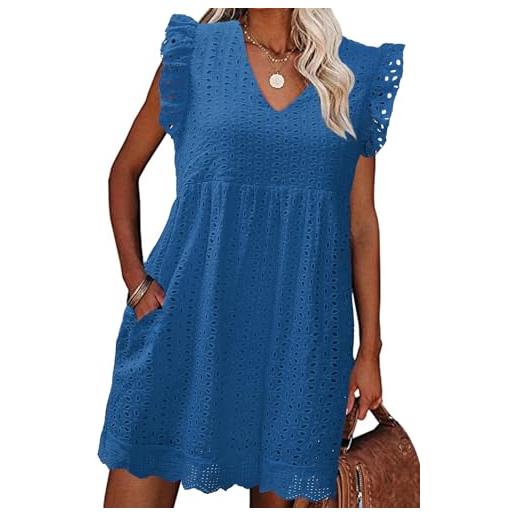 heekpek abito estivo donna cotone scollo a v vestito corto donna senza maniche con volant comodo e leggero abiti jacquard casual abito mare da spiaggia con tasche, blu, s