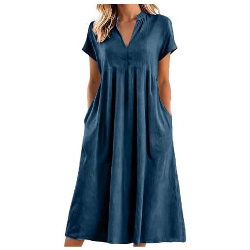 Generico vestiti lino donna lunghi scollo a v, manica corta casual, abito camicia lino maxi elegante vestiti estivi da spiaggia mare con tasche per la primavera e l'estate confortevole e traspirante