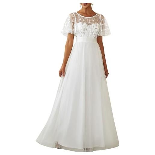 Ever-Pretty abito da sposa stile impero maniche corte linea ad a elegante scollo a rotondo donna tulle bianca 52