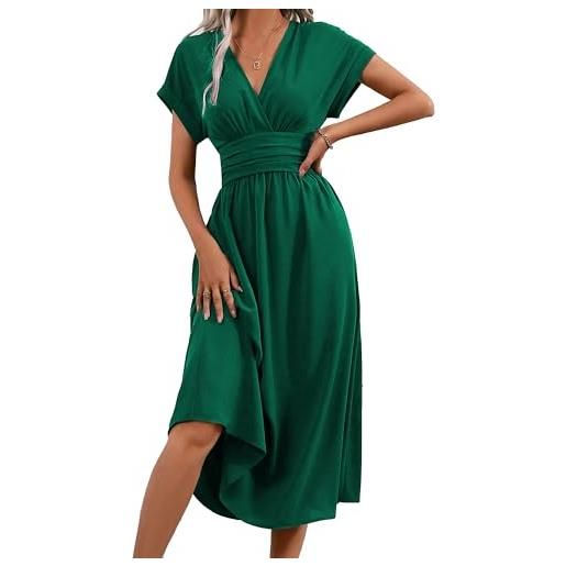 QUNERY abito donna estivo manica corta vestiti vita alta a line abiti scollo a v elegante vestito estivi lunghi casual abito spiaggia verde xxl