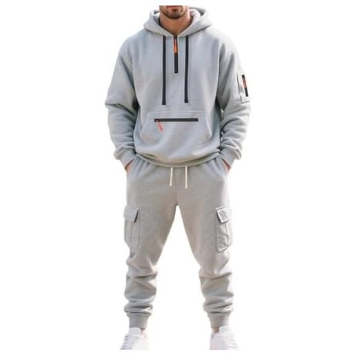 RIZUNTO uomo completo sportivo: giacca con felpa cappuccio cerniera e pantaloni della tuta con tasche, tuta da jogging, grigio chiaro, xl