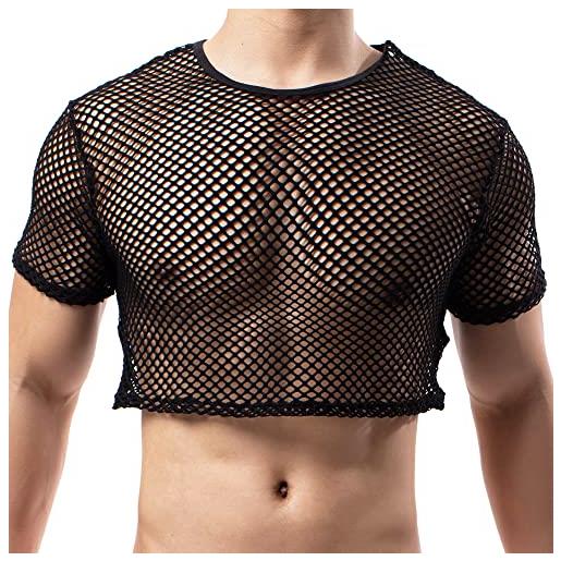 YUFEIDA uomo fishnet undershirts top sexy mini half tank tops vedere attraverso t-shirt colture undershirts per uomo