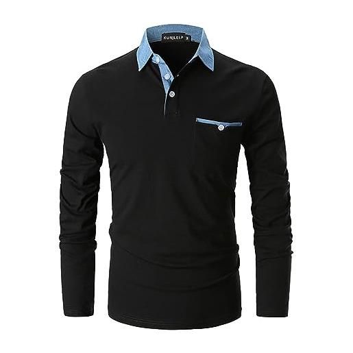 KUNJLELP polo camicia uomo manica lunga maglietta con colletto in denim casuale cotton inverno golf t-shirt, a-nero, 3xl