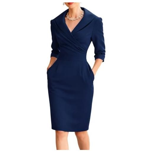 Onsoyours abito da ufficio donna elegante scollo v slim cocktail vestito tubino chic risvolto lavoro abiti aderente a blu scuro s