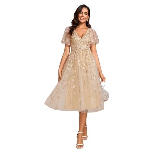 Ever-Pretty abiti eleganti cerimonia donna senza schienale paillettes scollo a v vita impero abiti da sposa donna oro 48