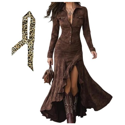 INLANDSIS abito da donna vintage in pelle scamosciata western, scollo a v, a maniche lunghe, con bottoni, abito da cowgirl in finta pelle scamosciata, marrone scuro, s