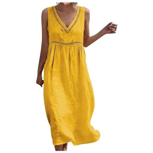 Generico vestiti in lino donna abiti taglie forti estivi donna scollo a v senza maniche lungo abito comodo casual vestiti lunghi donne mare vestito cotone leggero elegante curvy prendisole da spiaggia dress