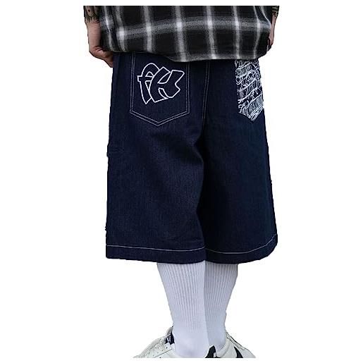 Keepmore pantaloni corti jeans uomo larghi 3/4 lunghezza casual streetwear hip hop ricamo artistico retrò baggy skate cargo blu taglia l