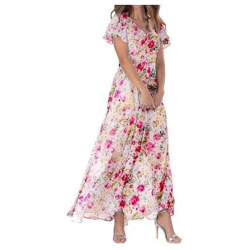JokeLomple abiti da donna swing abito lungo in chiffon floreale manica corta con volant scollo a v vita alla moda abito fluido abiti8