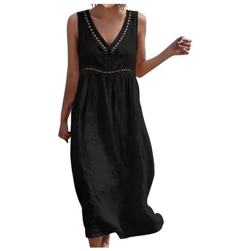 Generico vestiti in lino donna abiti taglie forti estivi donna scollo a v senza maniche lungo abito comodo casual vestiti lunghi donne mare vestito cotone leggero elegante curvy prendisole da spiaggia dress