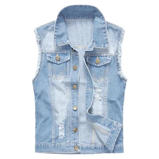 Icegrey uomo gilet in denim strappato, vestibilità slim, gilet di jeans in cotone, vintage denim gilet senza maniche, s, azzurro