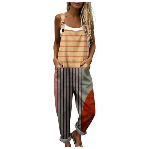 Generico salopette donna estiva lunga in lino boho chic elegante tuta intera curvy con stampa jumpsuit pantaloni gamba larga senza maniche moda baggy cotone taglie forti mare vacanza comoda (a01, xl)