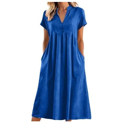 Generico vestiti lino donna lunghi scollo a v, manica corta casual, abito camicia lino maxi elegante vestiti estivi da spiaggia mare con tasche per la primavera e l'estate confortevole e traspirante