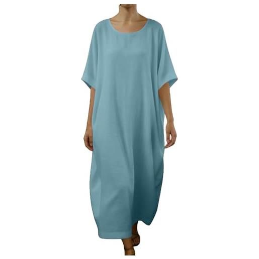 Generico vestito lino donna abiti estivi confortevoli casual abito lungo per passeggiata taglie forti comodo allentato vestito a maniche corte larghe leggeri vestiti tinta unita morbido estate mare