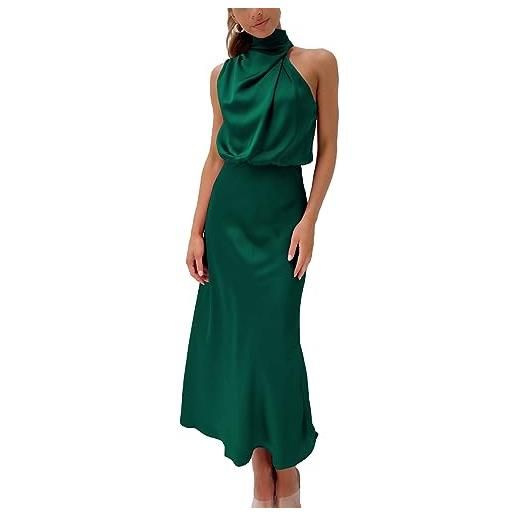BDSCZW abito da donna elegante in raso, senza maniche, a vita alta, per matrimonio, formale, per cocktail, per feste, verde scuro, m