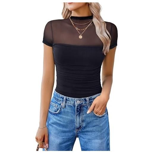 Avidlove body da donna con maniche corte, con collo alto, in rete, a manica lunga, in un pezzo, per uscire, top da appuntamento, abiti, nero, medium