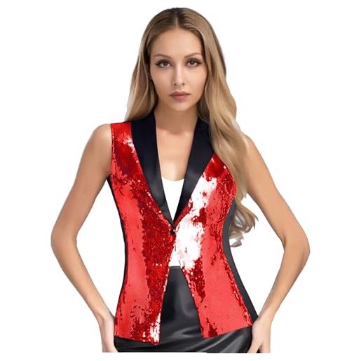 renvena gilet da donna senza maniche con paillettes luccicanti top corto glitterata canotta da ballo jazz hip hop samba rumba waistcoat costume carnevale rosso m
