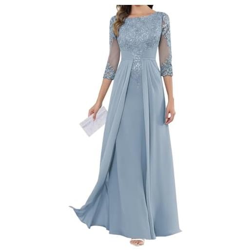 SAYNO abito da madre della sposa con applique in pizzo per abiti da ballo di nozze abiti da cocktail in chiffon plus size. Size, blu polvere. , 46