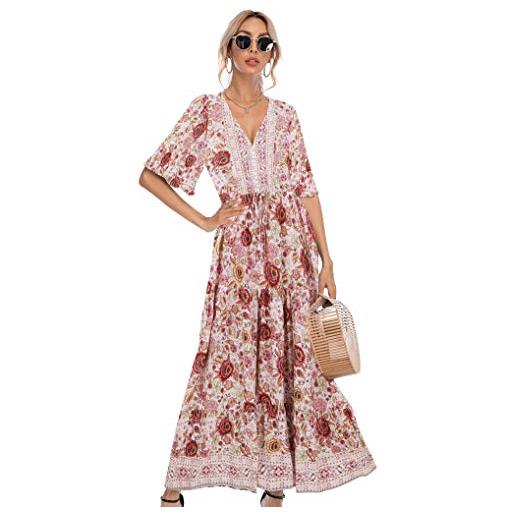 R.Vivimos donna vestiti lungo estivo boho floreale maxi abito elegante scollo a v maniche corte abito casual vacanze