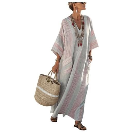 Generico abito lungo estivo donna lino elegante vestito boho chic vintage cerimonia maxi vestiti cotone e lino comoda scollo a v prendisole mare spiaggia vacanza traspirante abbigliamento con taschen (a04, s)
