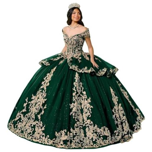 Yifanier abito da quinceanera in tulle gonfio strascico e applicazioni in pizzo dorato 3d mt039