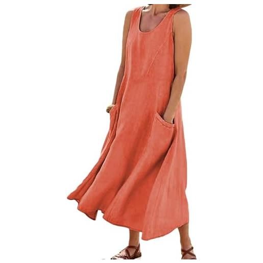 Generico abiti estivi da donna 2025, maxi dress senza maniche in cotone e lino, casual largo monocromatico taglie forti con tasche (orange red, s)