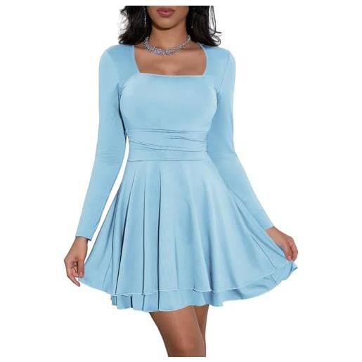 Cicy Bell abito da donna a maniche lunghe, scollo quadrato, abito da festa, orlo con volant, corsetto, mini abito increspato, abito corto elegante, azzurro, xxl