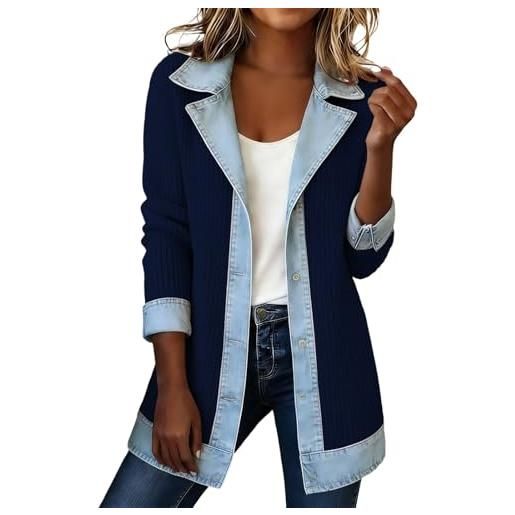 Generico cappotto lungo in maglia, casual, con inserti in denim, colletto a risvolto a contrasto