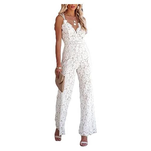 DAIHAN tuta elegante da donna spalline con scollo a v jumpsuit tutina elegante in pizzo aperto sul retro tute larghe a gamba larga tuta lunga, bianco, s