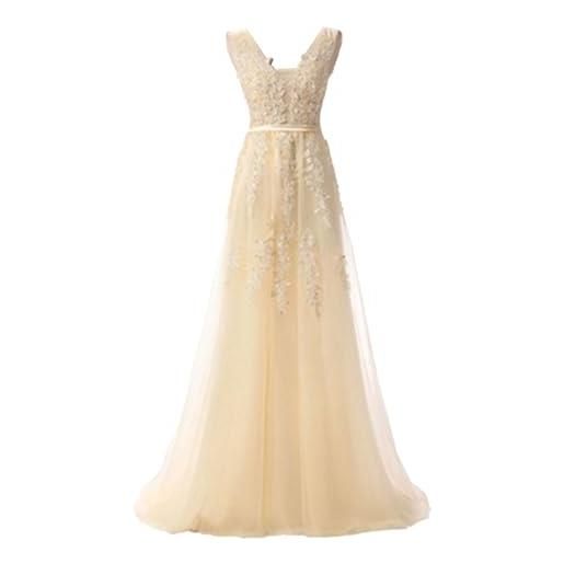 Generic abito da sera elegante da donna con scollo a v, senza maniche, in pizzo e tulle, perfetto per balli di fine anno, matrimoni e occasioni formali, abito lungo elegante, beige, taglia piccola. 