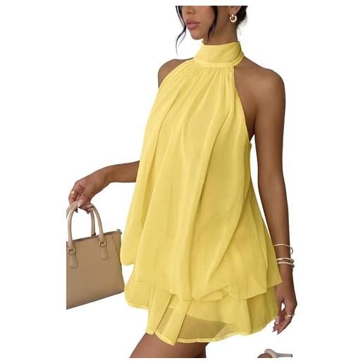 Xiaoliny vestito donna elegante senza maniche mini abito con scollo halter e volant estivo vestiti ampio in chiffon sexy abiti schiena scoperta con laccio vestito corto per festa discoteca cocktail