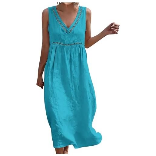Generico vestiti in lino donna abiti taglie forti estivi donna scollo a v senza maniche lungo abito comodo casual vestiti lunghi donne mare vestito cotone leggero elegante curvy prendisole da spiaggia dress