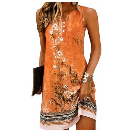 Yeenily vestito senza maniche donna scollo a v stampato eleganti mini abito casual corto vintage abiti a linea dresses s-3xl(senza maniche-arancione, xxl)