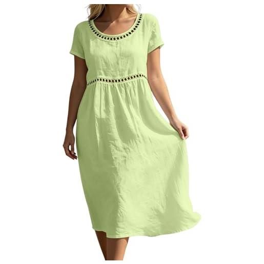 Generico abito lino donna abito estivo a maniche a 3/4 boho chic abiti vacanza comodo taglie forti vestito lungo in cotone scollo a v largo vestiti da spiaggia tinta unita morbido e traspiranti s-3xl