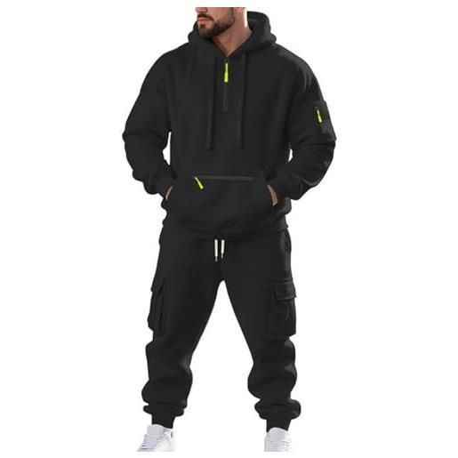 RIZUNTO uomo completo sportivo: giacca con felpa cappuccio cerniera e pantaloni della tuta con tasche, tuta da jogging, nero, l