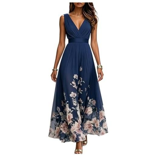 shownicer vestito donna elegante abito cerimonia vestito lungo stampa floreale senza maniche scollo a v vestiti in chiffon estate a blu scuro s