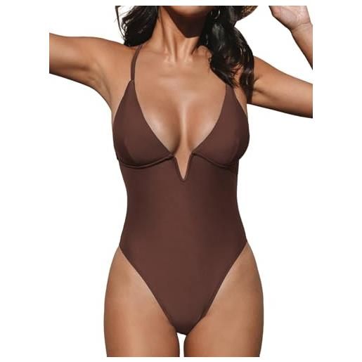 CUPSHE costume da bagno intero da donna con scollo a v profondo e scollo a v incrociato sul retro, marrone cioccolato, l