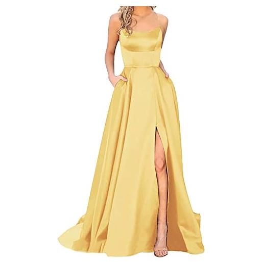 Generico abito da cerimonia da donna abito da sposa elegante vestito da principessa damigella d'onore abiti lungo con spalline sottili vestito matrimonio con spacco vestiti aderente festa (02-yellow, xxl)