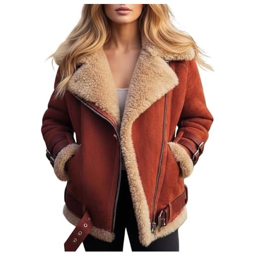 Generico giacca invernale da donna in similpelle con cerniera, parka foderato spesso, cappotto in montone con tasche
