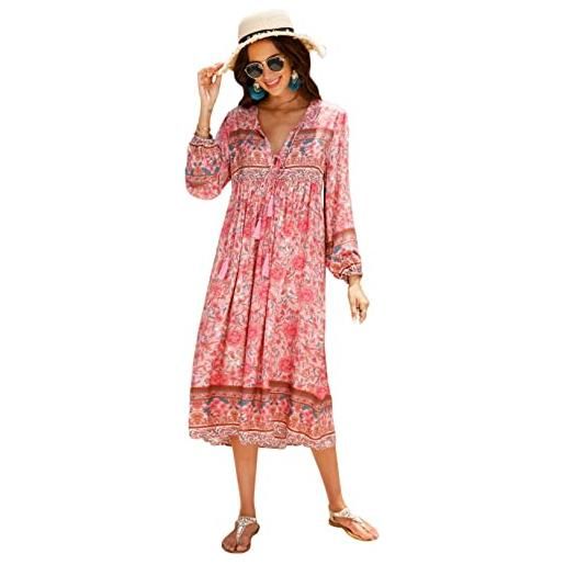 R.Vivimos donne eleganti casual bohemian print neck tie maniche lunghe abito da spiaggia lungo midi vestito vacanze
